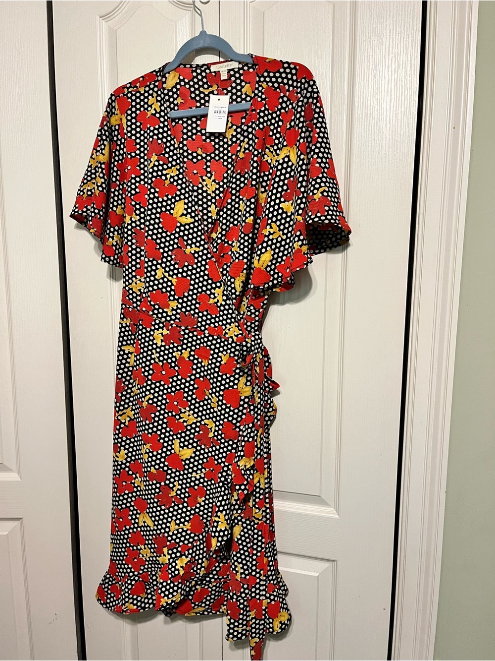 loralette Black Wrap Midi Dress with Red & Yellow Floral Print